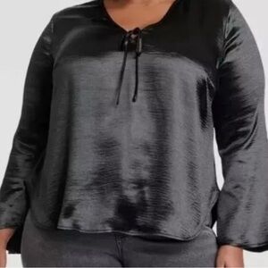 Ava & Viv Satin Blouse Womens Plus Size 1X Long Sleeves Tie-Neck Black